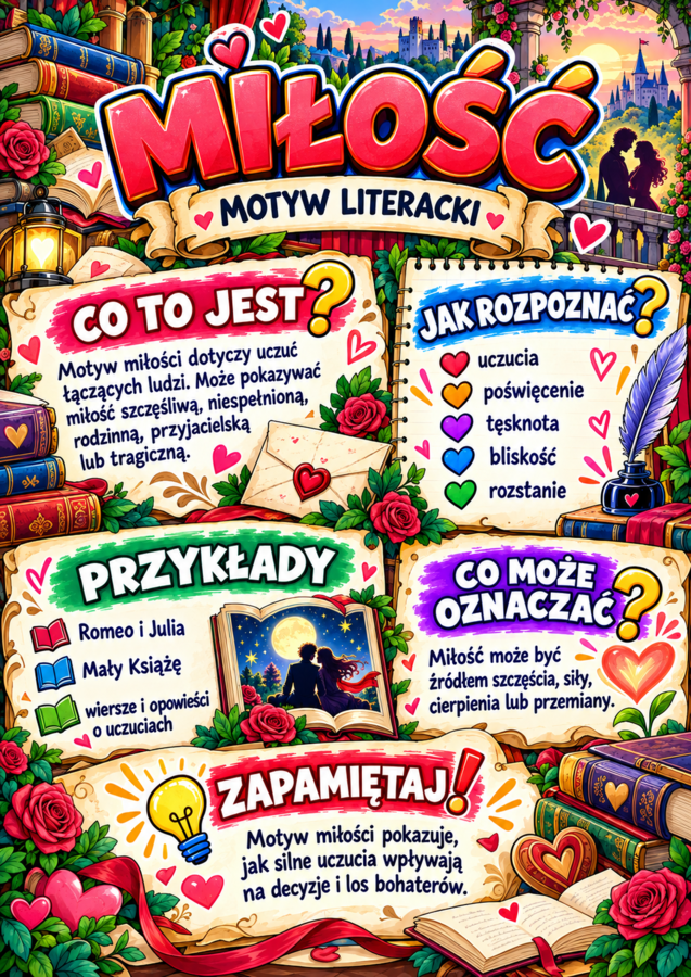 MOTYWY LITERACKIE – 12 kolorowych plansz edukacyjnych A4 | definicje, przykłady i najważniejsze cechy