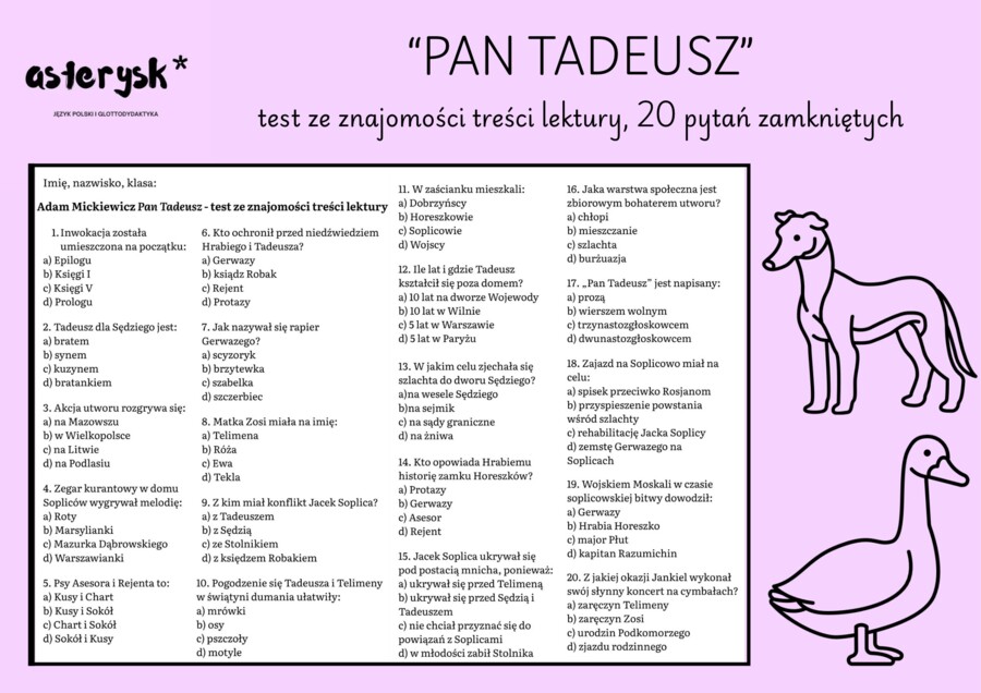 Adam Mickiewicz "Pan Tadeusz" - test ze znajomości treści lektury
