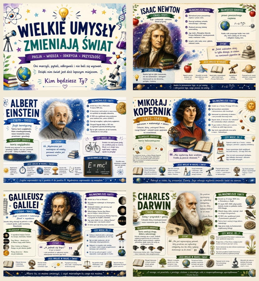 Wielkie umysły zmieniają świat – gazetka edukacyjna, 31 plansz