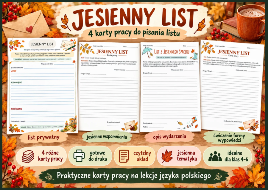 🍂 Jesienny list – 4 karty pracy z języka polskiego