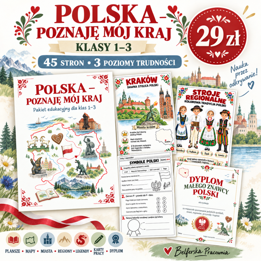 „Polska – poznaję mój kraj” to duży pakiet edukacyjny dla klas 1–3, który można wykorzystywać przez cały rok — nie tylko podczas świąt narodowych!
