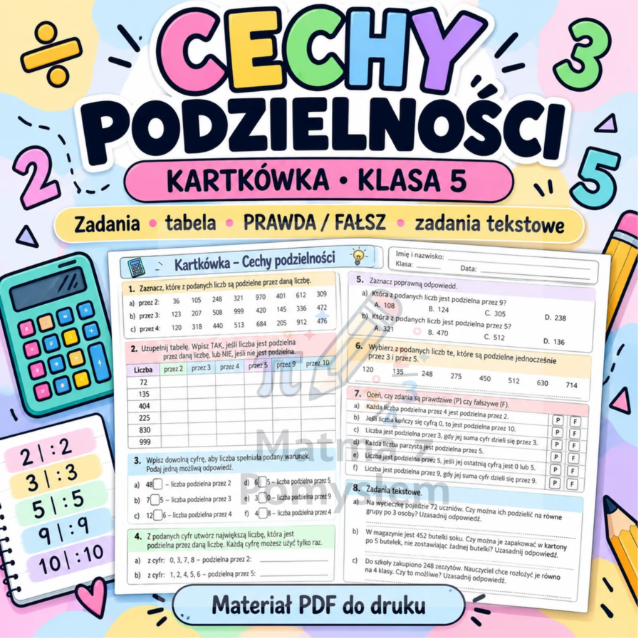 Kartkówka – Cechy podzielności | Klasa 5 | PDF do druku