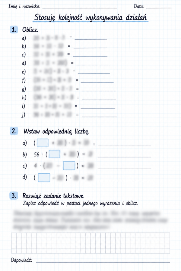 Stosuję kolejność wykonywania działań, kartkówka.