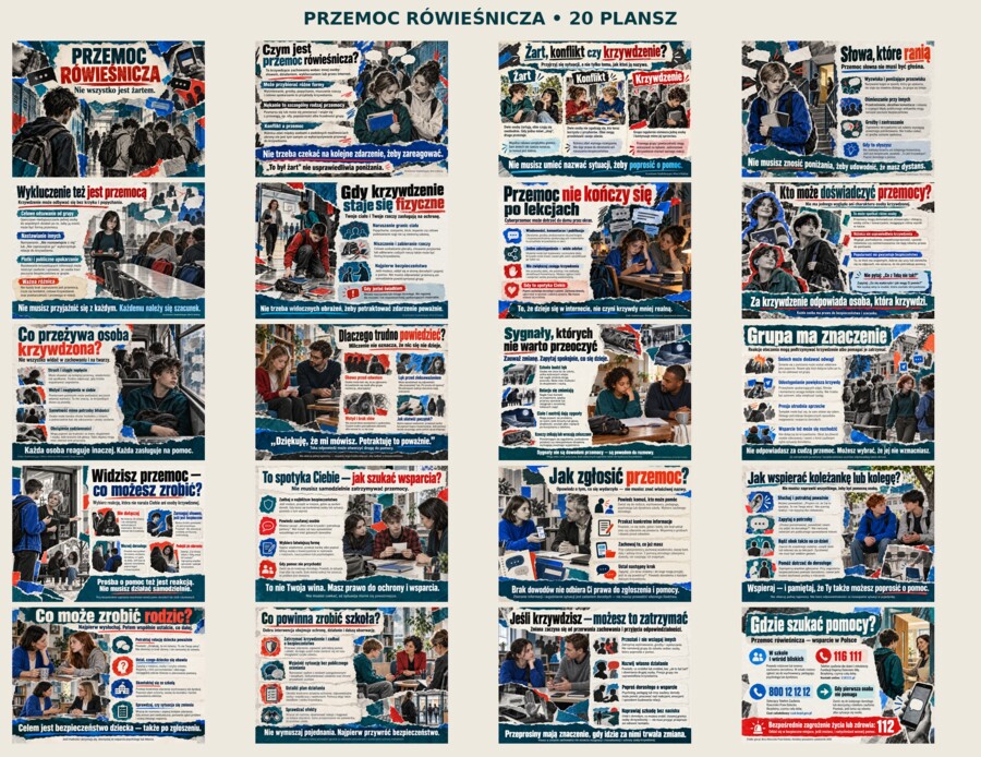 PRZEMOC RÓWIEŚNICZA — NIE WSZYSTKO JEST ŻARTEM,  gazetka, 20 plansz edukacyjnych A4 w poziomie