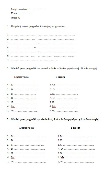 Kartkówka / karta pracy przypadki + wersja z dostosowaniem.
