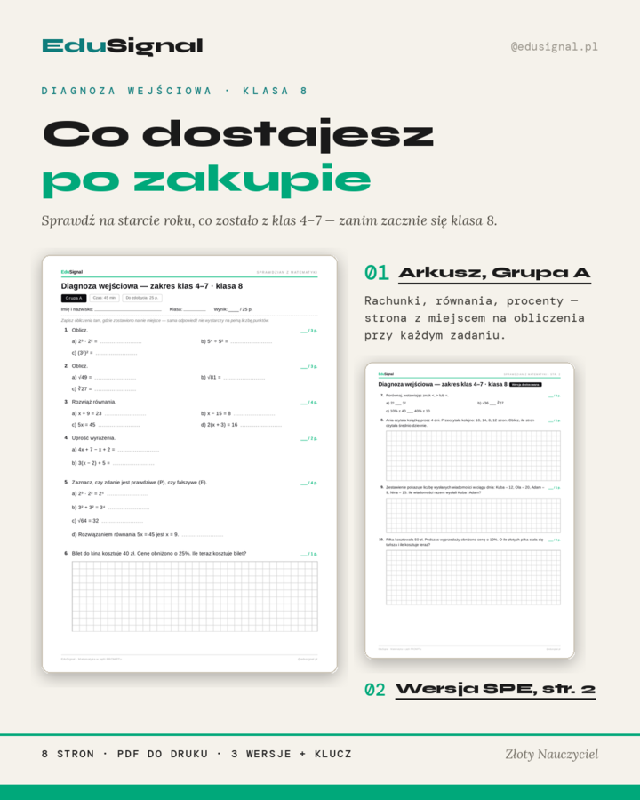 Diagnoza wejściowa z matematyki — klasa 8, zakres klas 4–7 (3 wersje + klucz diagnostyczny)