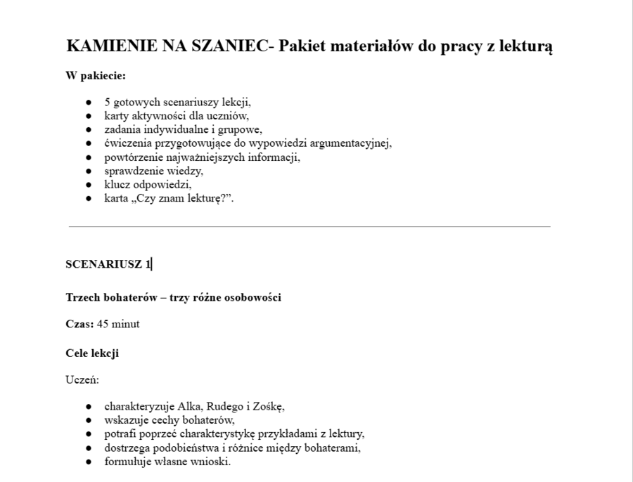 Kamienie na szaniec- pakiet materiałów do pracy z lekturą