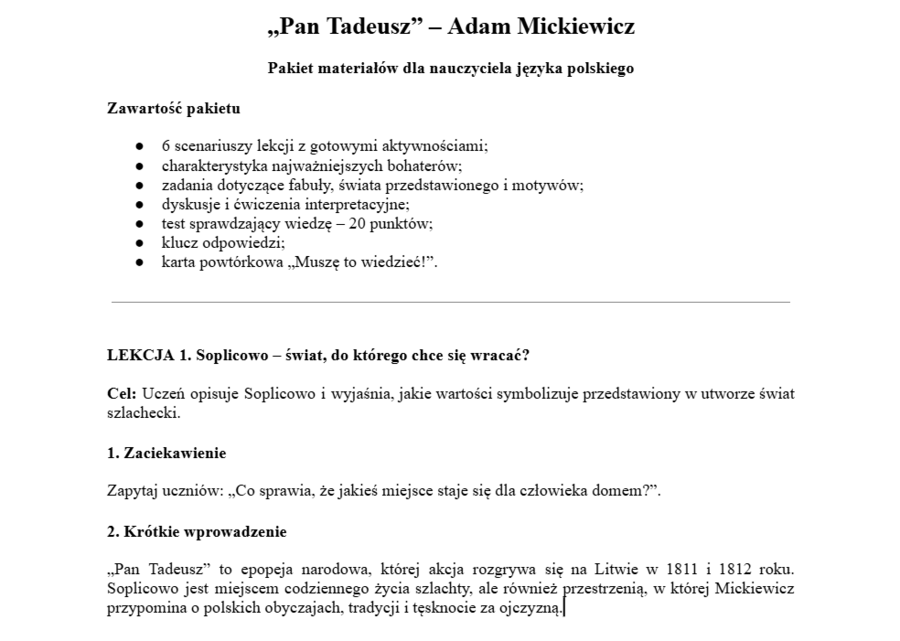 Pan Tadeusz- gotowy pakiet do pracy z lekturą