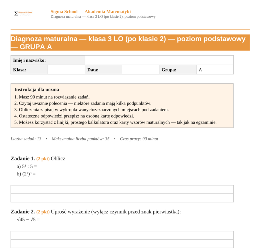 Diagnoza z matematyki – klasa 3 LO (poziom podstawowy)