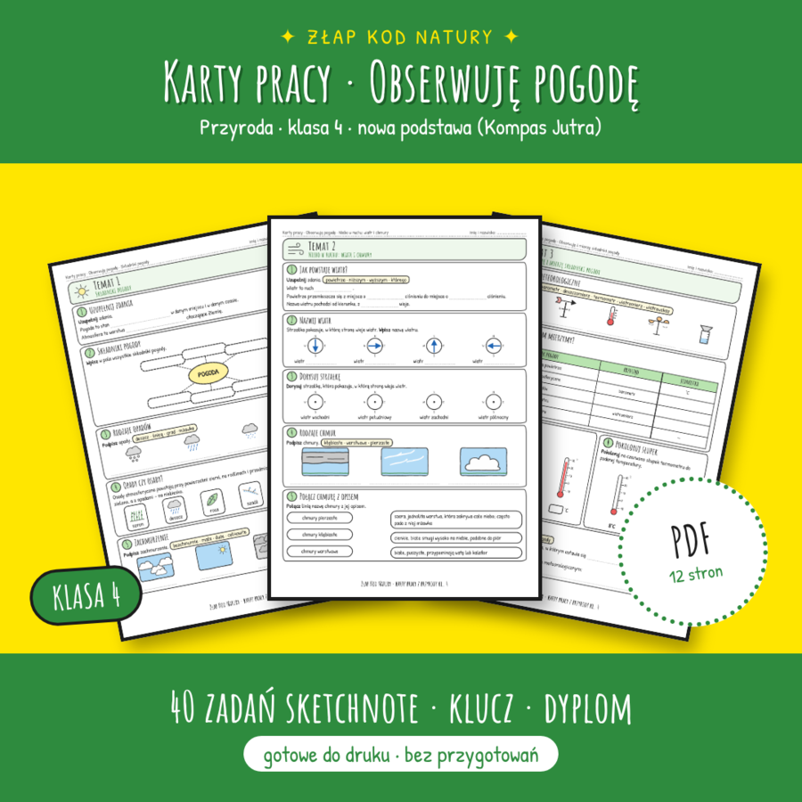 Przyroda kl. 4: Obserwuję pogodę – Zestaw kart pracy Sketchnote + Klucz + Dyplom | Złap Kod Natury