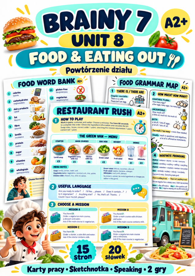 Brainy 7 Unit 8 – Food & Eating Out | Powtórzenie A2+ | Karty pracy i 2 gry