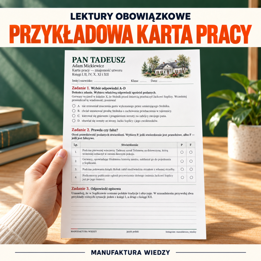 Lektury obowiązkowe – 18 kart pracy z odpowiedziami | Egzamin ósmoklasisty | Język polski, klasy 7–8