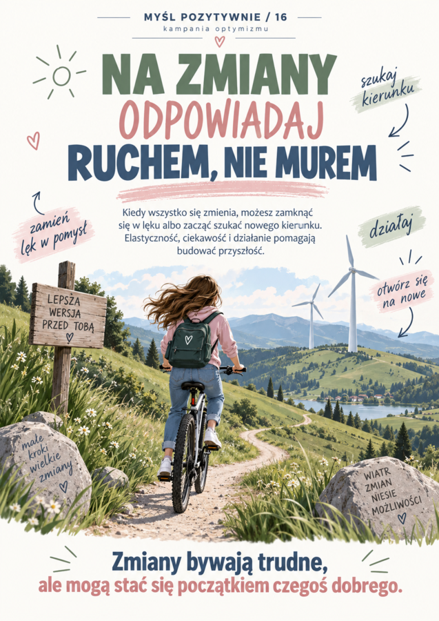 Myśl  pozytywnie, kampania optymizmu, motywatory, gazetka, plakaty