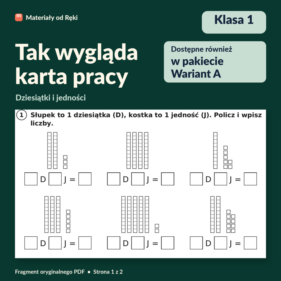 Dziesiątki i jedności - karta pracy z kluczem | Matematyka, klasa 1 | Wariant A