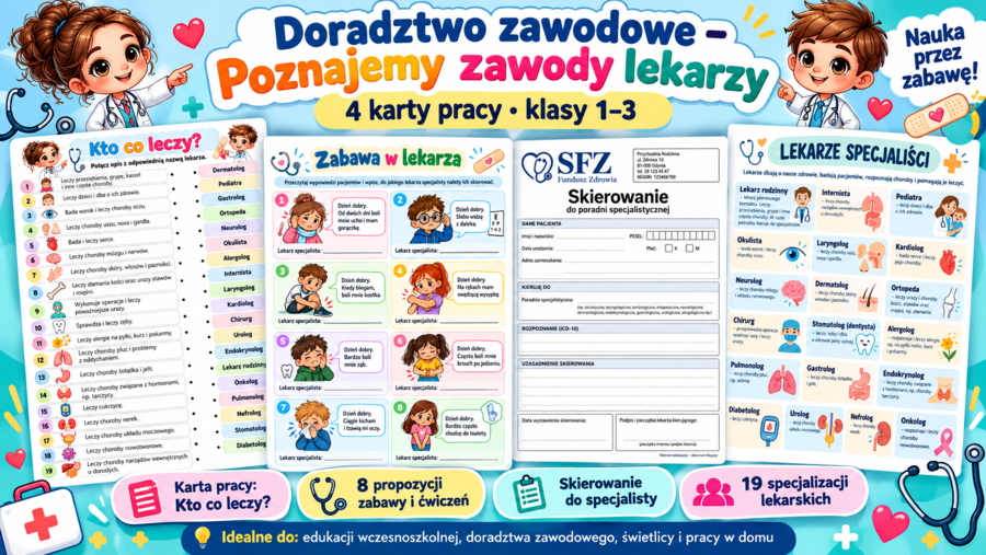 Doradztwo zawodowe – Poznajemy zawody lekarzy | 4 karty pracy | Klasy 1–3