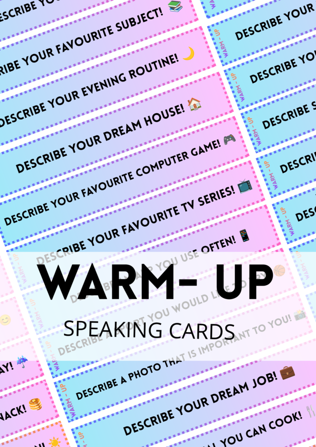 WARM-UP - DESCRIBE ... - speaking - zestaw 72 Speaking Cards - paski - gra - mówienie - angielski - ice-breaker - rozgrzewka - zajęcia grupowe - do wydrukowania - do zalaminowania - A2 - B1 - .pdf