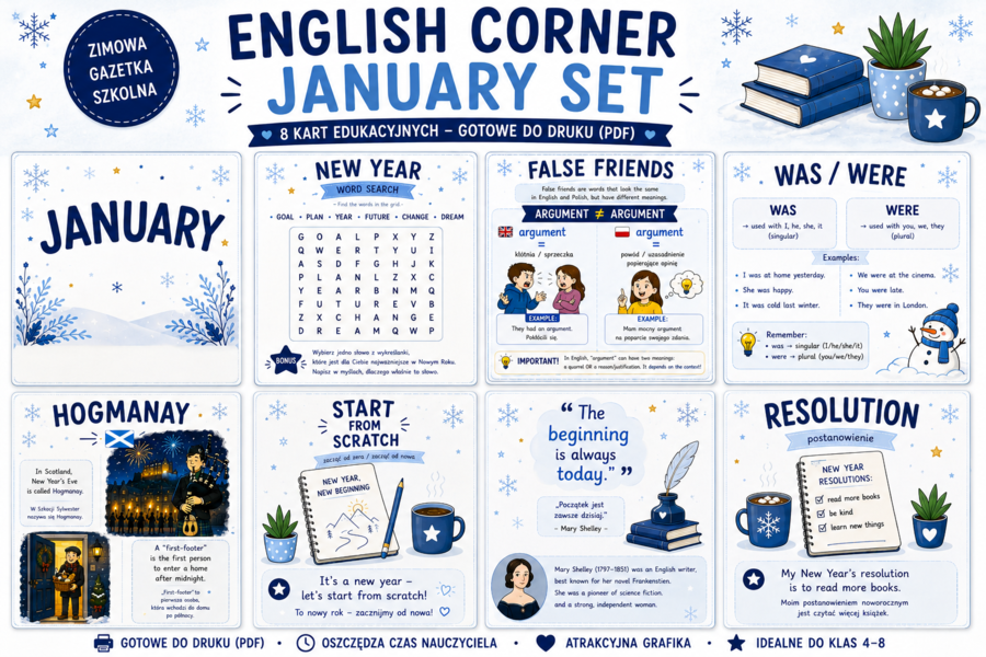 English Corner – STYCZEŃ | Zestaw wymiennych kart do gazetki szkolnej | Dekoracja pracowni języka angielskiego PDF
