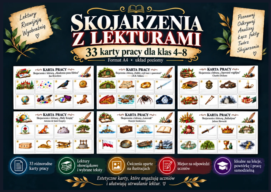 SKOJARZENIA Z LEKTURAMI – 33 KARTY PRACY DLA KLAS 4–8 + KLUCZ ODPOWIEDZI