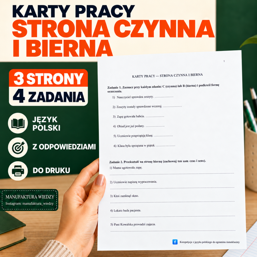 Karty pracy – czasownik - strona czynna i bierna: rozpoznawanie, przekształcanie, uzupełnianie zdań + klucz odpowiedzi [PDF] – język polski, klasa 6, klasa 7, klasa 8, E8