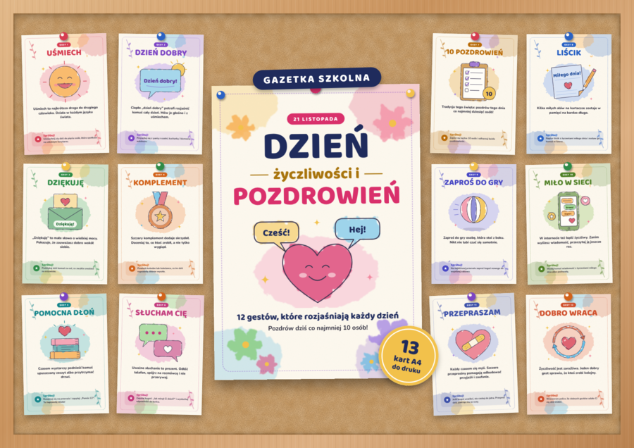 Dzień Życzliwości i Pozdrowień – gazetka szkolna do druku | 13 kart A4 w stylu akwareli