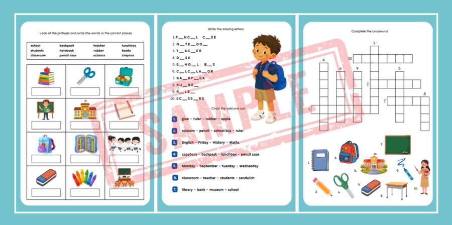 BACK TO SCHOOL – ENGLISH ACTIVITY PACK | KLASY 1–3 (counting, matching, wordsearch, decoding i więcej!)