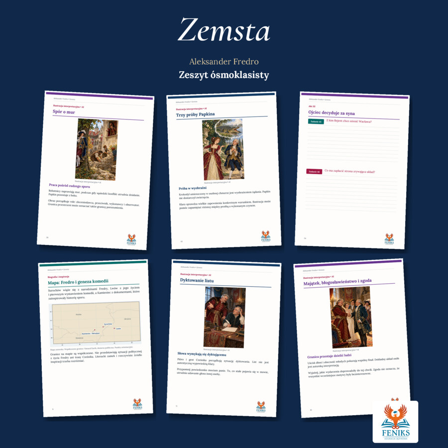 Zemsta — Aleksander Fredro | Zeszyt ósmoklasisty: szczegółowe omówienie, 120 zadań i klucz odpowiedzi