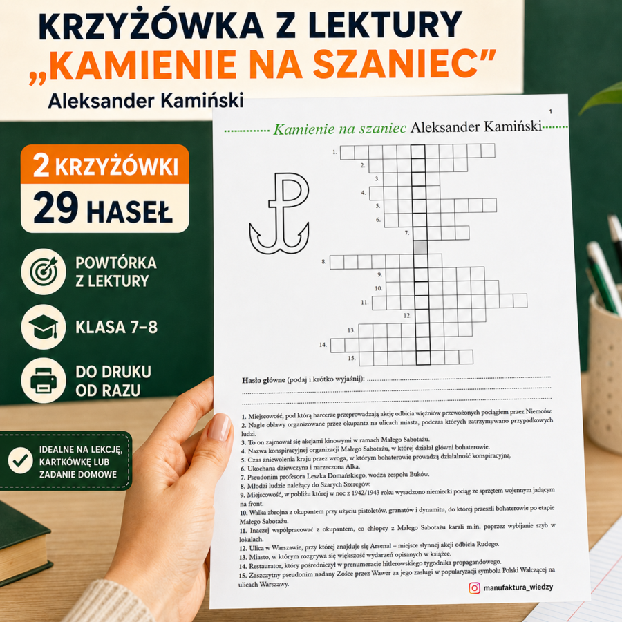 Krzyżówka z lektury „Kamienie na szaniec” – 2 karty pracy | Klasa 7–8 | egzamin ósmoklasisty, kartkówka, lektura obowiązkowa