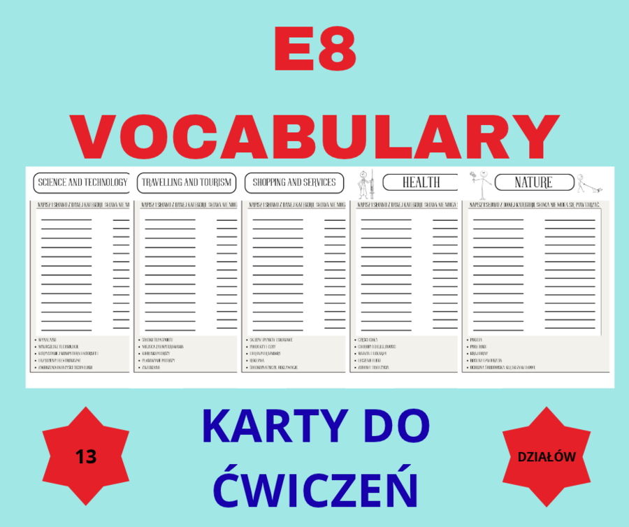 Vocabulary E8 – Egzamin ósmoklasisty | 13 kart pracy do powtórki słownictwa