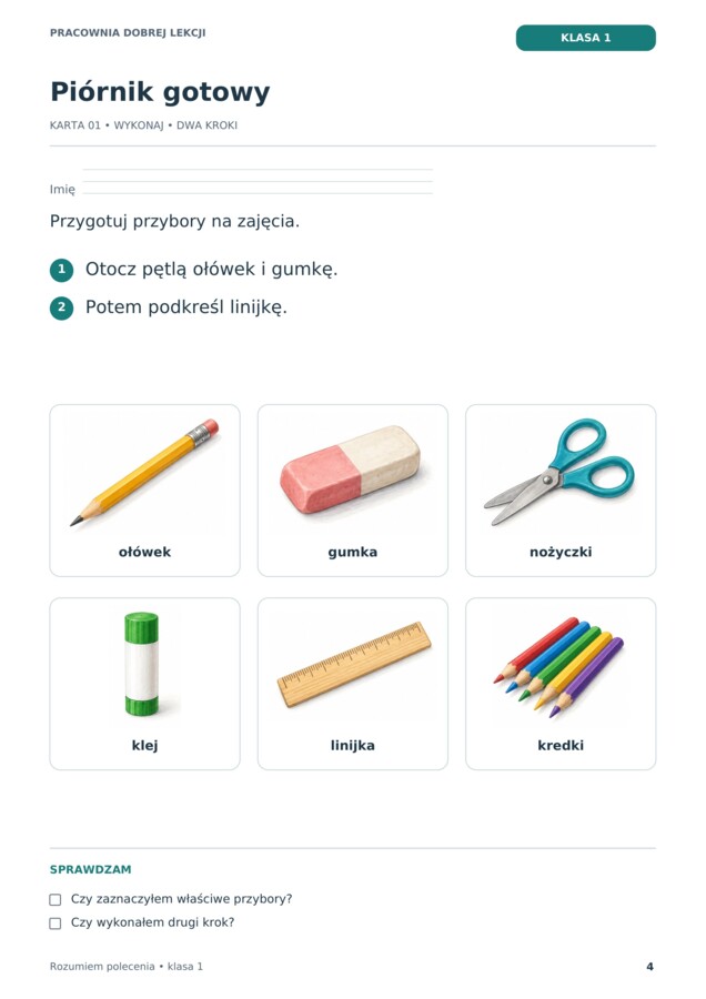 Rozumiem polecenia. Klasa 1 – 24 karty pracy | Czytanie ze zrozumieniem PDF
