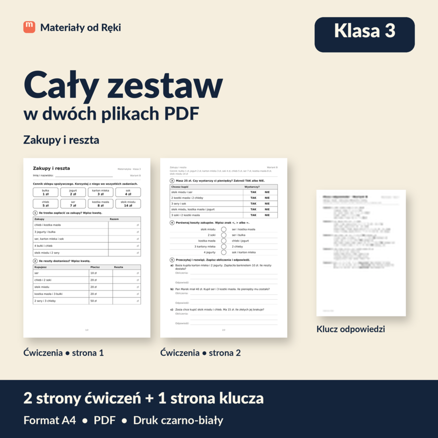 Obliczenia pieniężne: zakupy i reszta - karta pracy z kluczem | Matematyka, klasa 3 | Wariant B
