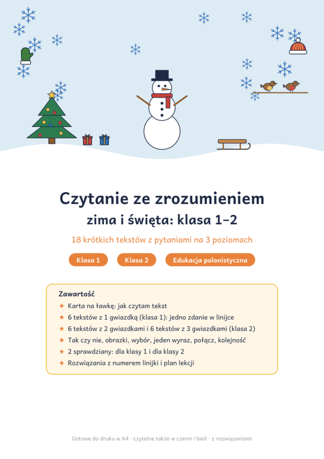 Czytanie ze zrozumieniem zima i święta klasa 1–2: 18 tekstów