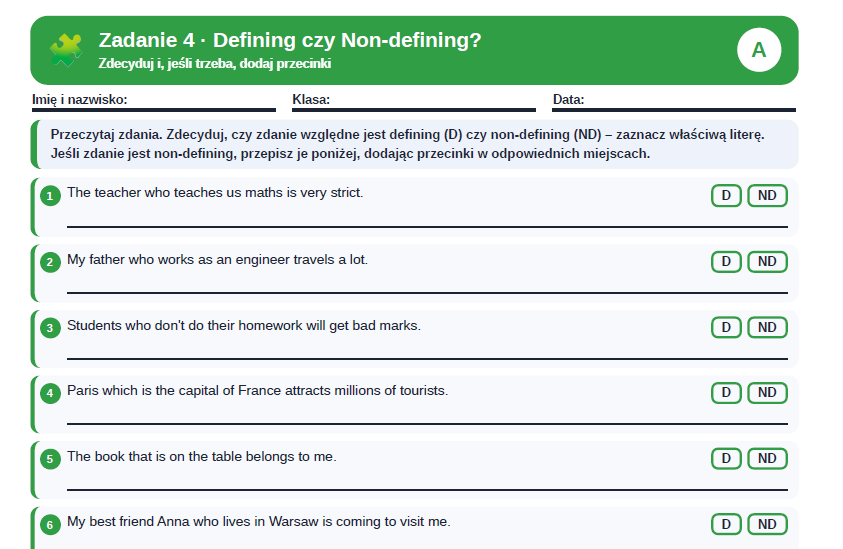 Relative clauses /gerung and to infinitive- karta pracy