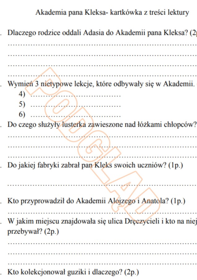 Akademia pana Kleksa- kartkówka z treści lektury.