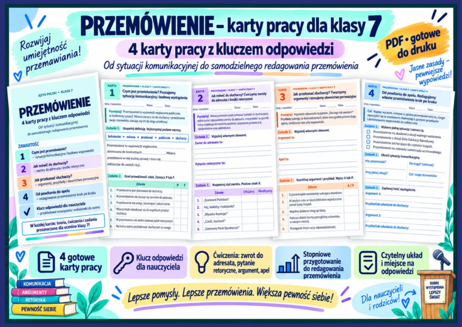 ✍️ PRZEMÓWIENIE – 4 karty pracy dla klasy 7 z kluczem odpowiedzi