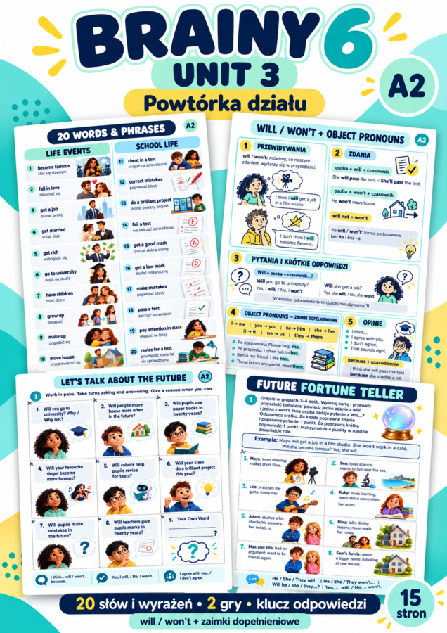 Brainy 6 Unit 3 – powtórka: will, zaimki dopełnieniowe, słownictwo i 2 gry