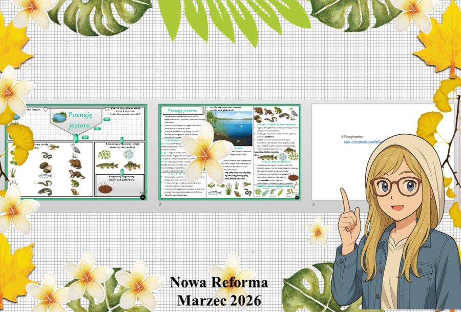 Mały zestaw na jedną lekcję: sketchnotka/notatka/przypomnienie dla nauczyciela, karta pracy plus prezentacja multimedialna „Poznaję jezioro” w genial.ly. Przyroda "Odkrywam przyrodę". Klasa 4. Dział „Życie w wodzie".