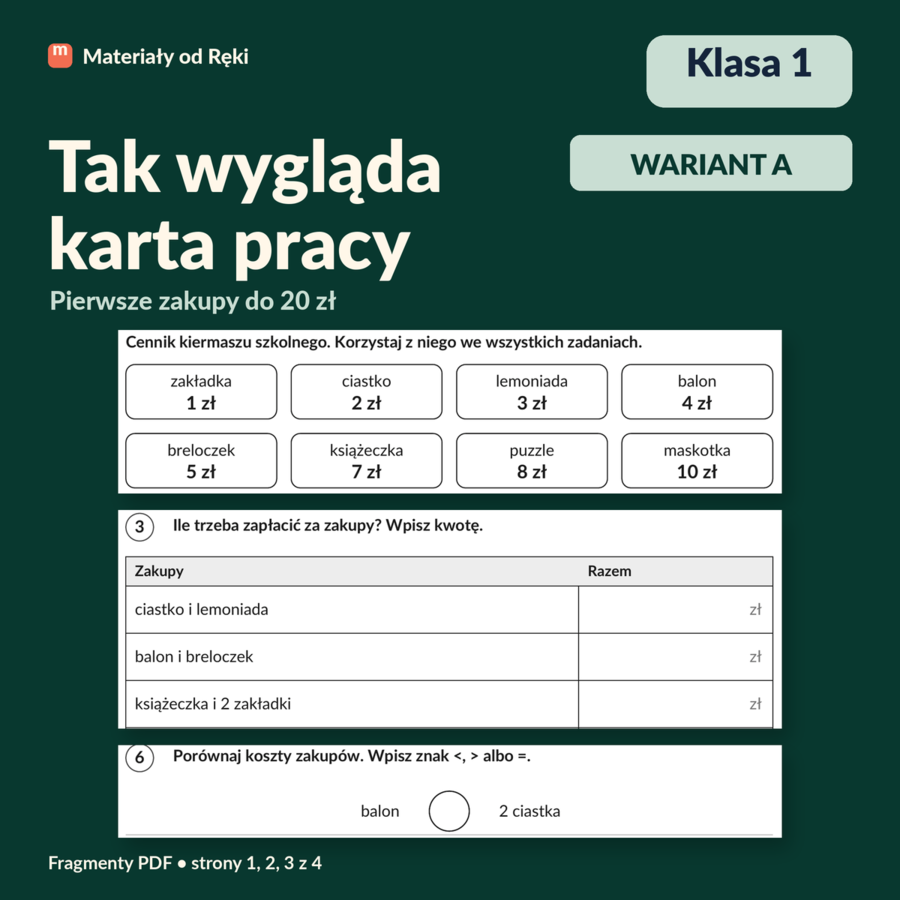 Pierwsze zakupy - liczenie pieniędzy do 20 zł - karta pracy z kluczem | Matematyka, klasa 1 | Wariant A