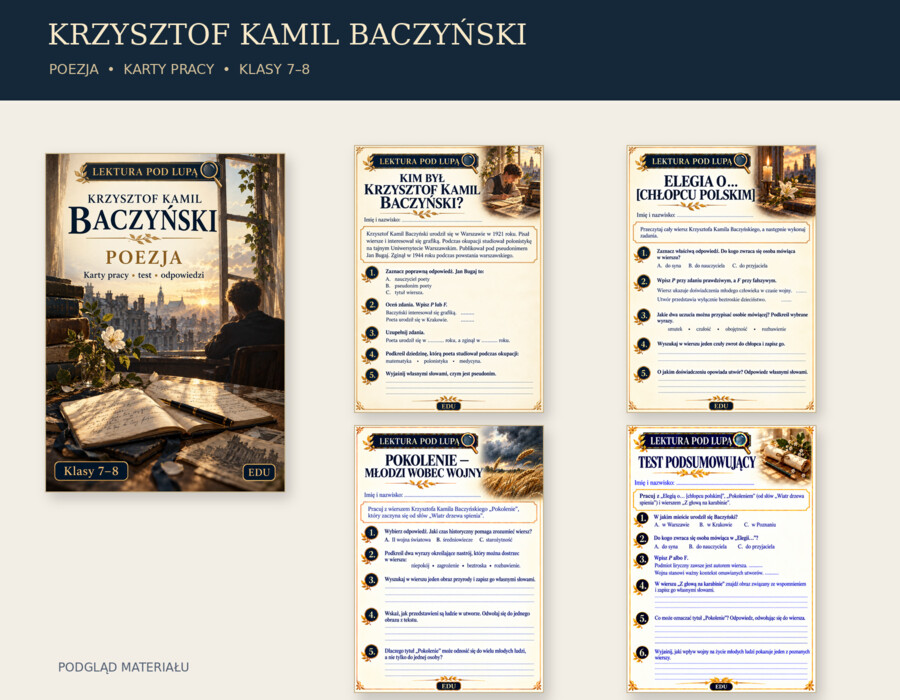 KRZYSZTOF KAMIL BACZYŃSKI – LIRYKA | 15 kart pracy, test i odpowiedzi | klasy 7–8 SP