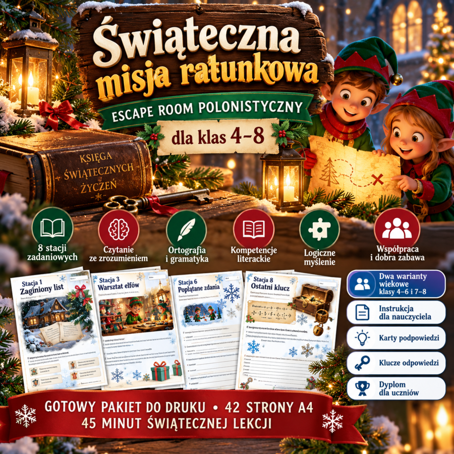 Swiąteczna misja ratunkowa- scape room polonistyczny 2 warianty