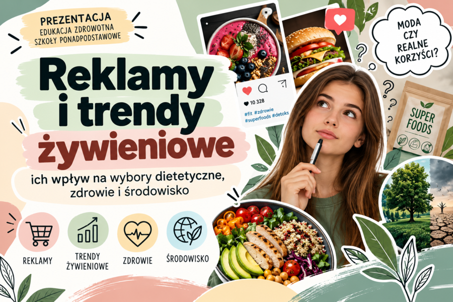 Reklamy i trendy żywieniowe–ich wpływ na wybory dietetyczne, zdrowie i środowisko - prezentacja | edukacja zdrowotna