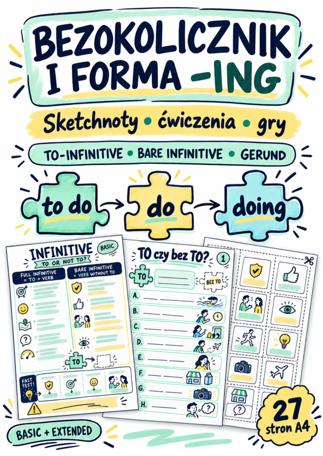 Bezokolicznik i forma -ing w języku angielskim – sketchnoty, ćwiczenia i gry