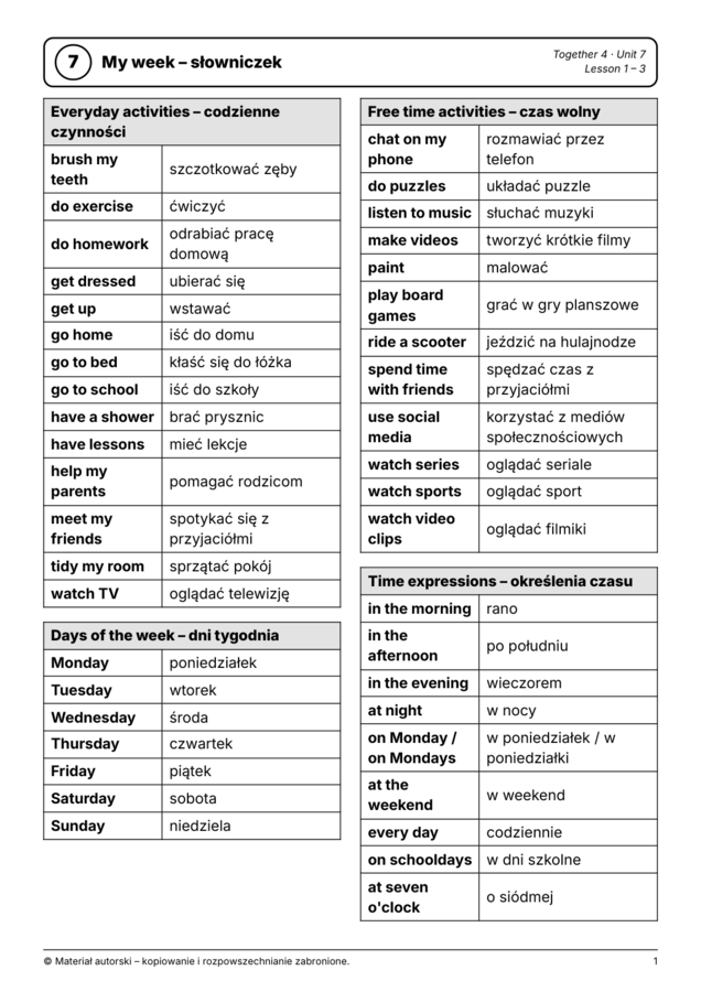 Together 4 – Unit 7 My week – e-book: słówka, gramatyka, ćwiczenia, test próbny
