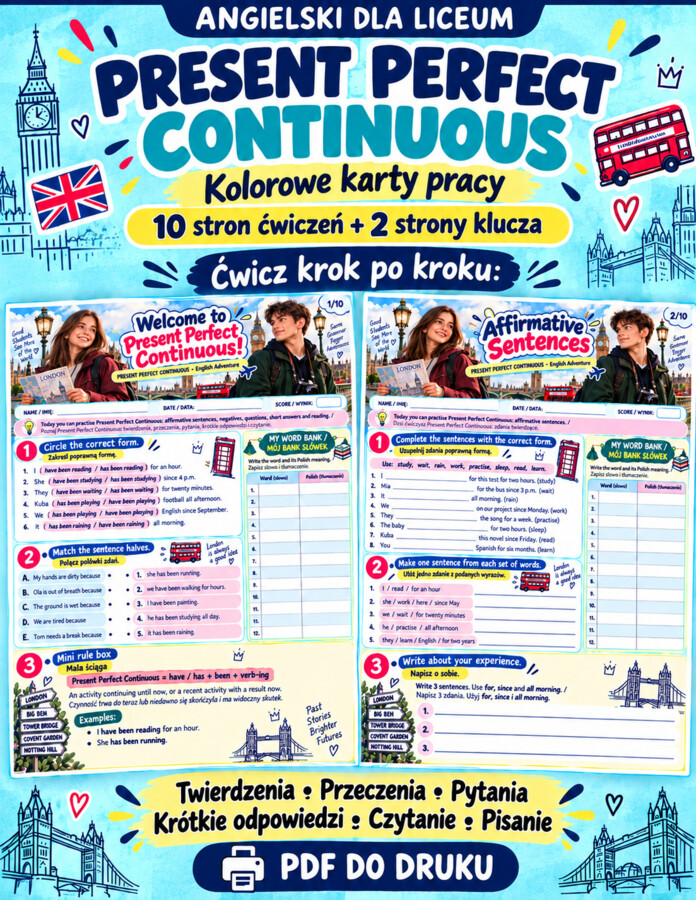 Present Perfect Continuous - 10-stronicowy workbook dla uczniów szkoły średniej