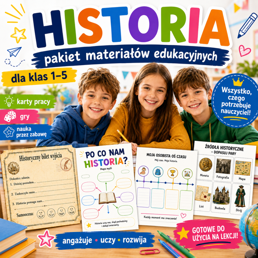 Historia, która angażuje uczniów – karty pracy, gry i aktywności dla klas 1–5