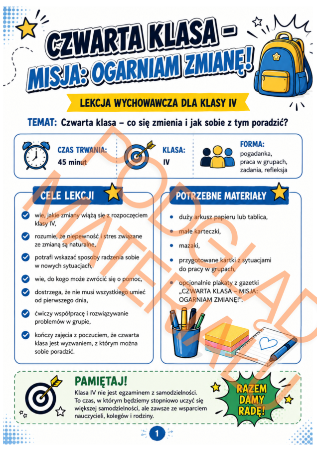 CZWARTA KLASA: MISJA – OGARNIAM ZMIANĘ! | gazetka + lekcja wychowawcza + adaptacja do klasy IV | 35 stron PDF