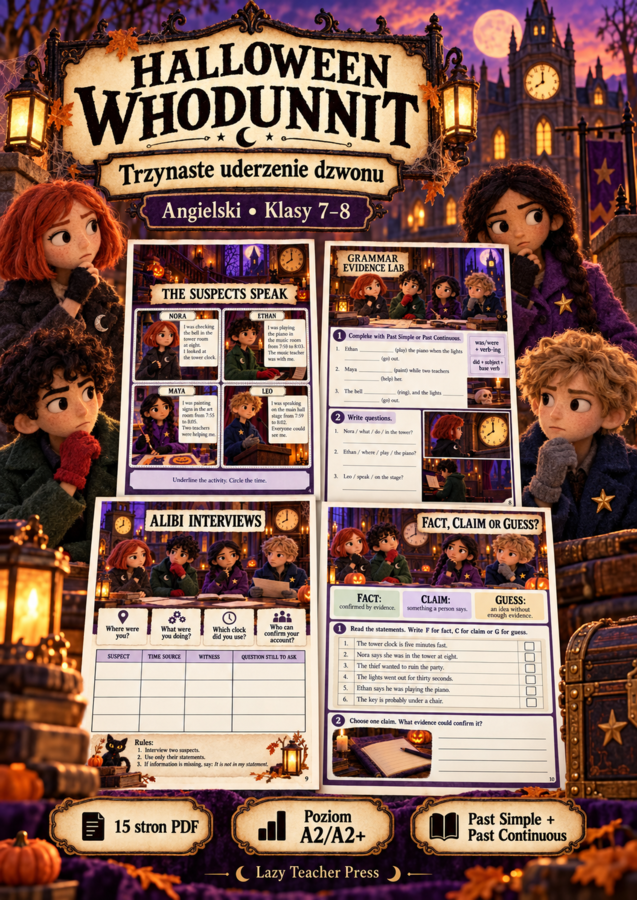 Halloween Whodunnit – Trzynaste uderzenie dzwonu | Angielski, klasy 7–8 | Past Simple i Past Continuous | PDF