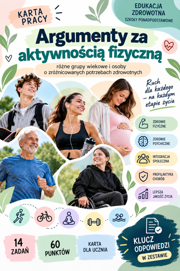 KARTA PRACY + KLUCZ ODPOWIEDZI  Argumenty za aktywnością fizyczną – różne grupy wiekowe i osoby o zróżnicowanych potrzebach zdrowotnych | edukacja zdrowotna