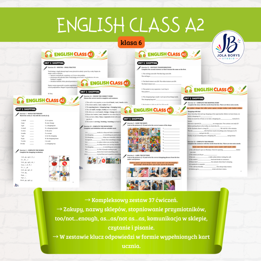 English Class A2 – Klasa 6 – Unit 2 Shopping | 37 ćwiczeń + odpowiedzi