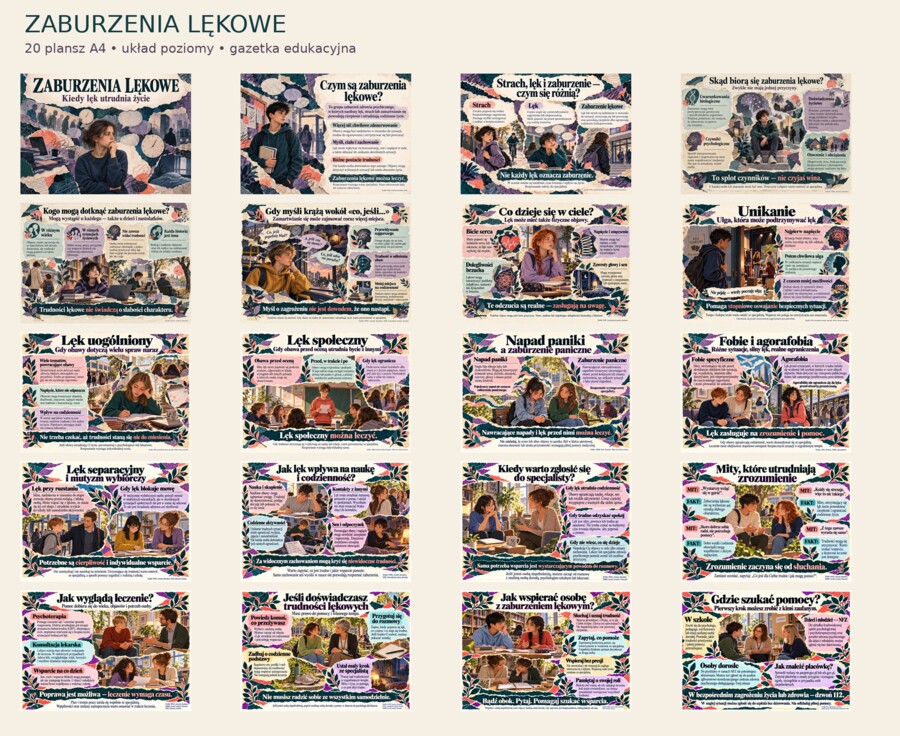 ZABURZENIA LĘKOWE — KIEDY LĘK UTRUDNIA ŻYCIE Gazetka edukacyjna | 20 plansz A4 w układzie poziomym