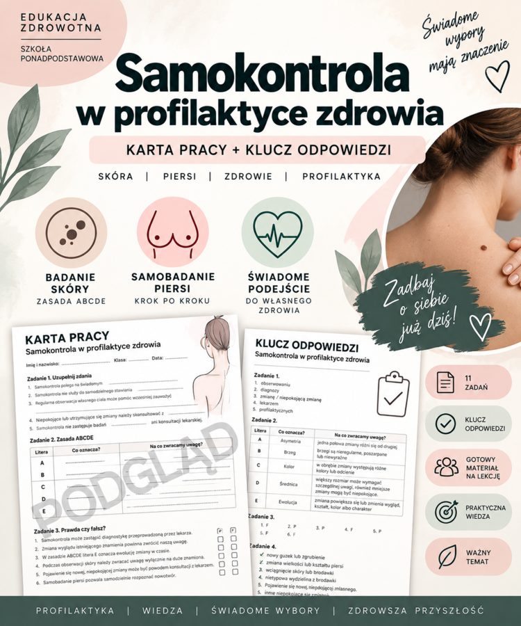 Samokontrola w profilaktyce zdrowia – karta pracy + klucz odpowiedzi | Edukacja zdrowotna